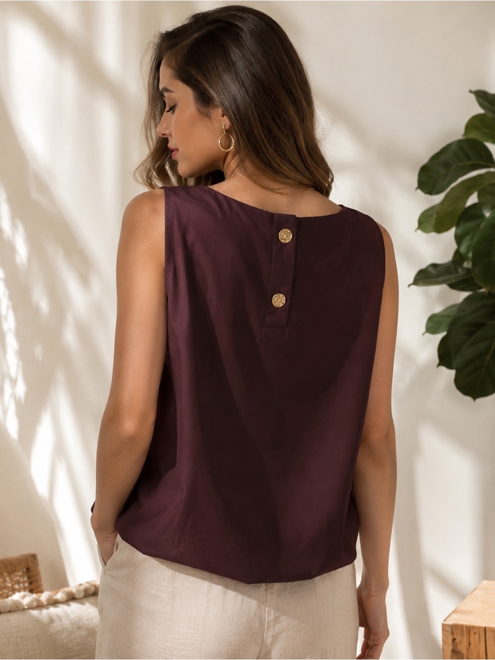 Nine Britton Sleeveless Camisole in Burgundy with Gold Back Buttons